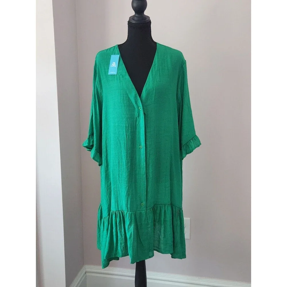 NWT Cupshe Emerald Green Ruffled Button-Front Cover-Up Dress Size Large